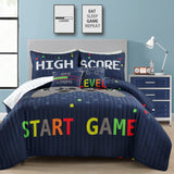 Bedding Bundle: Video Games Quilt Set + Soft Stripe Coverlet Set