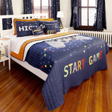 Bedding Bundle: Video Games Quilt Set + Soft Stripe Coverlet Set